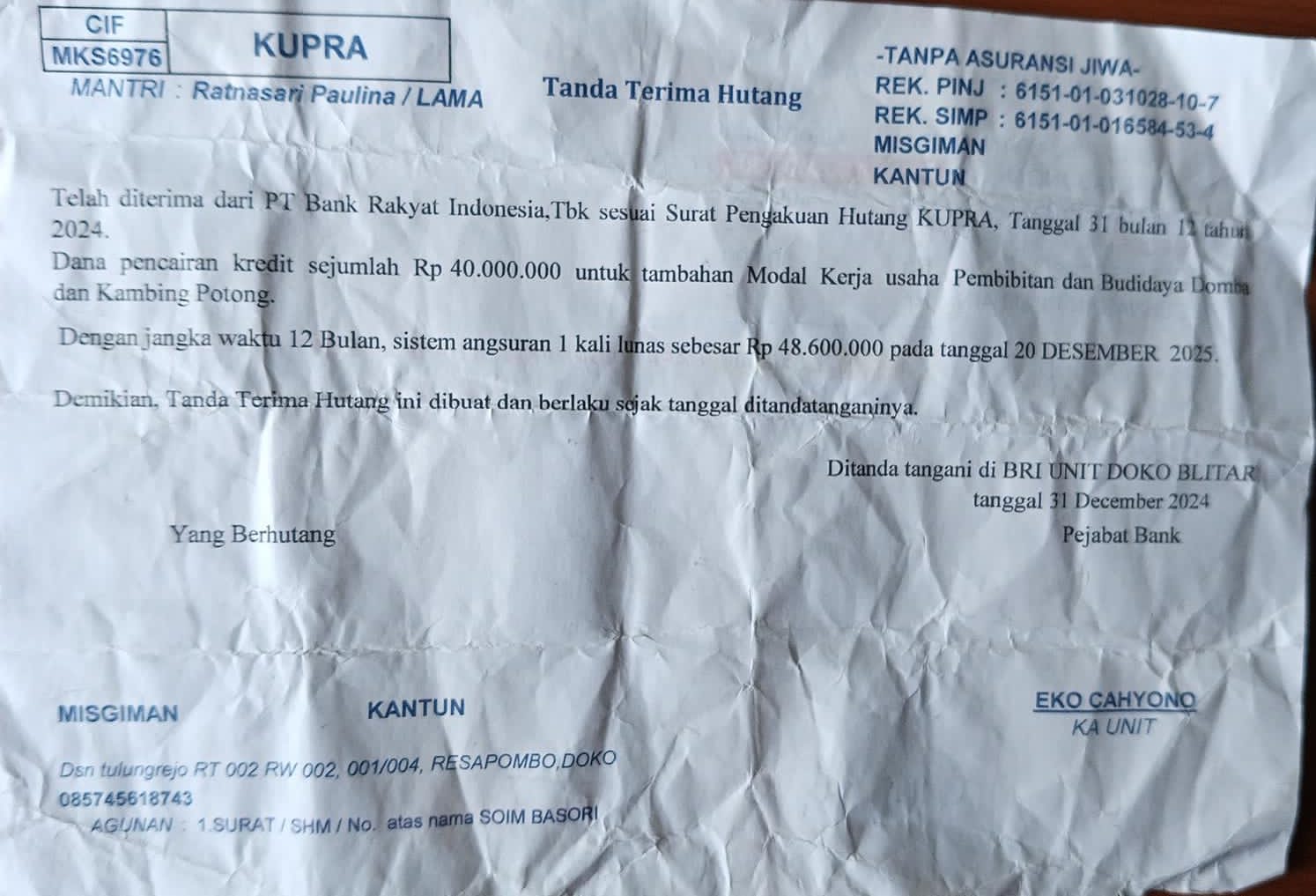 Foto: Bukti Tanda Terima Hutang