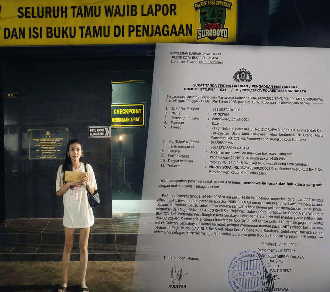Foto: Seorang perempuan Rodiyah asal Bondowoso melaporkan dugaan penganiayaan dan ancaman membawa anak di Polrestabes Surabaya.