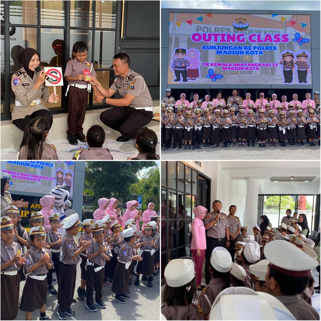 Foto: Kapolres Madiun Kota AKBP Wiwin Junianto membagikan susu dan snack kepada siswa TK Bhayangkari 53 saat kegiatan Polisi Sahabat Anak di Mapolres Madiun Kota.