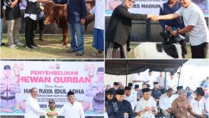 Foto: Kapolres Madiun Kota AKBP Wiwin Junianto saat kegiatan penyembelihan dan penyaluran hewan kurban Idul Adha 1447 H di Mapolres Madiun Kota.