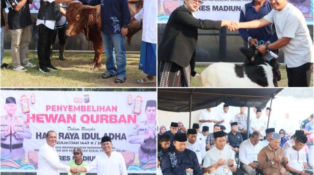 Foto: Kapolres Madiun Kota AKBP Wiwin Junianto saat kegiatan penyembelihan dan penyaluran hewan kurban Idul Adha 1447 H di Mapolres Madiun Kota.