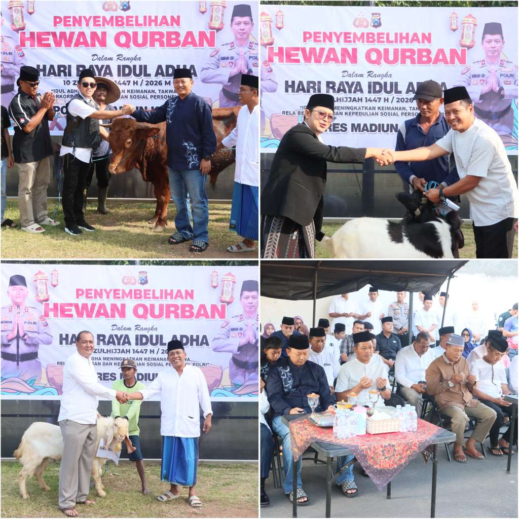 Foto: Kapolres Madiun Kota AKBP Wiwin Junianto saat kegiatan penyembelihan dan penyaluran hewan kurban Idul Adha 1447 H di Mapolres Madiun Kota.