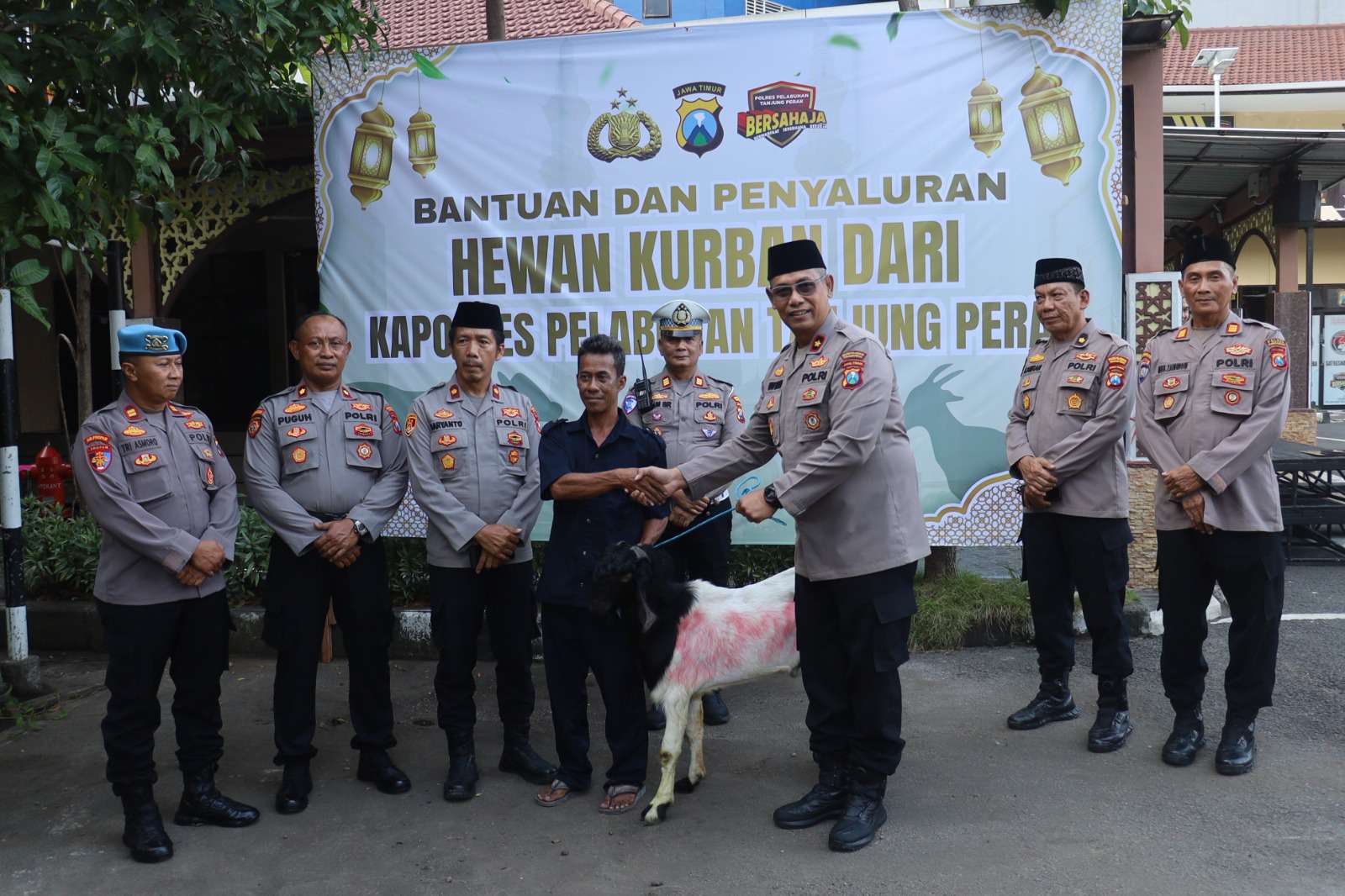Foto: Penyerahan hewan kurban oleh Polres Pelabuhan Tanjung Perak kepada masyarakat pada perayaan Iduladha 1447 Hijriah di Surabaya.
