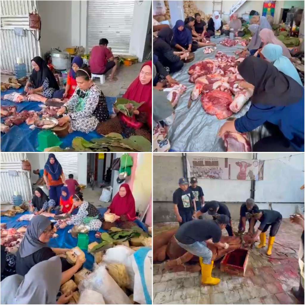 Foto: Proses penyembelihan hewan kurban KOMPAK Surabaya menggunakan kemasan besek dan daun jati ramah lingkungan pada Iduladha 1447 H
