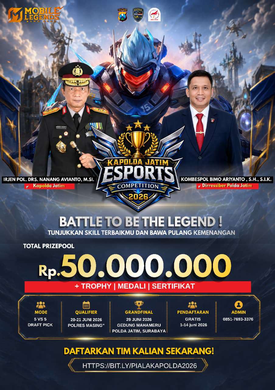 Foto: Turnamen Esport Piala Kapolda Jatim 2026 resmi digelar Polda Jawa Timur dalam rangka Hari Bhayangkara ke-80 dengan hadiah Rp50 juta.