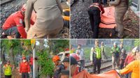 Foto: Petugas gabungan mengevakuasi korban kecelakaan KA Penataran di perlintasan rel Siwalankerto Surabaya.