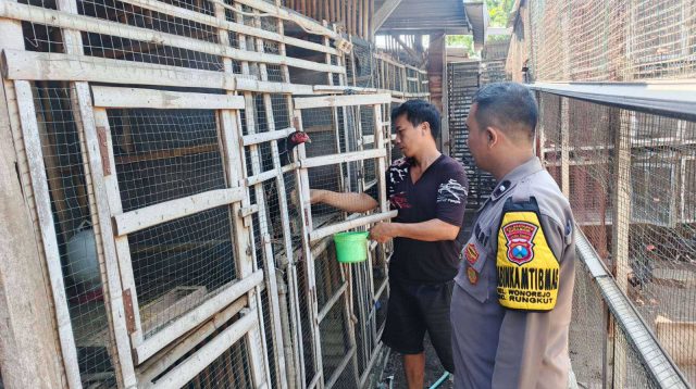 Foto: Aipda Denny Syaiful Amri saat patroli sambang dan berdialog dengan pemilik peternakan ayam petelur di Wonorejo Selatan, Kecamatan Rungkut, Surabaya, dalam rangka mendukung program ketahanan pangan nasional.