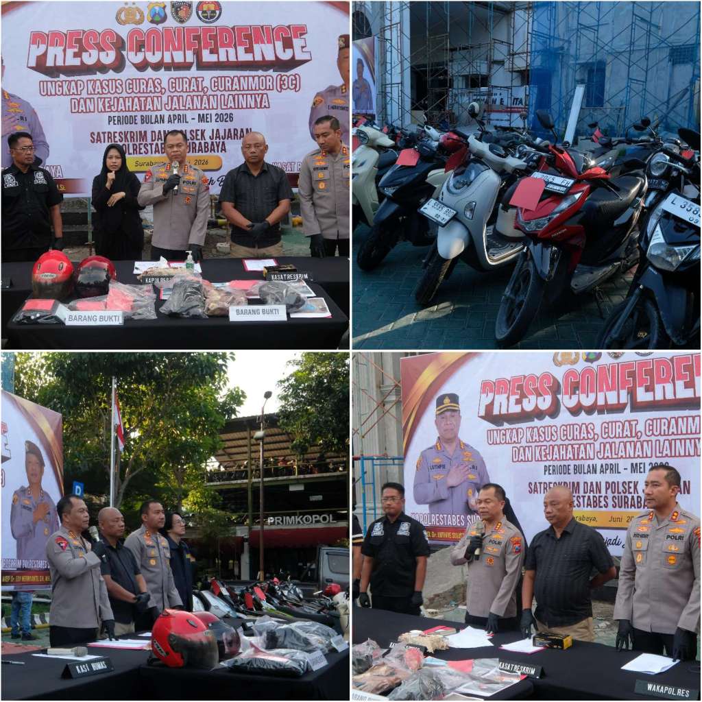 Foto: Polrestabes Surabaya merilis pengungkapan 163 kasus 3C dan kejahatan jalanan dengan 192 tersangka selama Januari hingga Mei 2026.