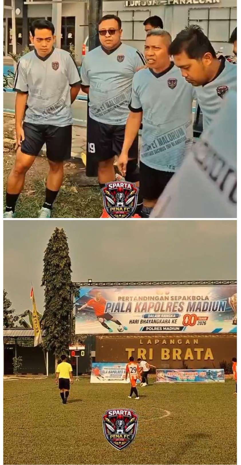 Foto: Pemain Sparta Pena FC merayakan kemenangan 3-2 atas Bank Jatim pada Turnamen Mini Soccer U-40 Piala Kapolres Madiun 2026 di Lapangan Tri Brata Polres Madiun.