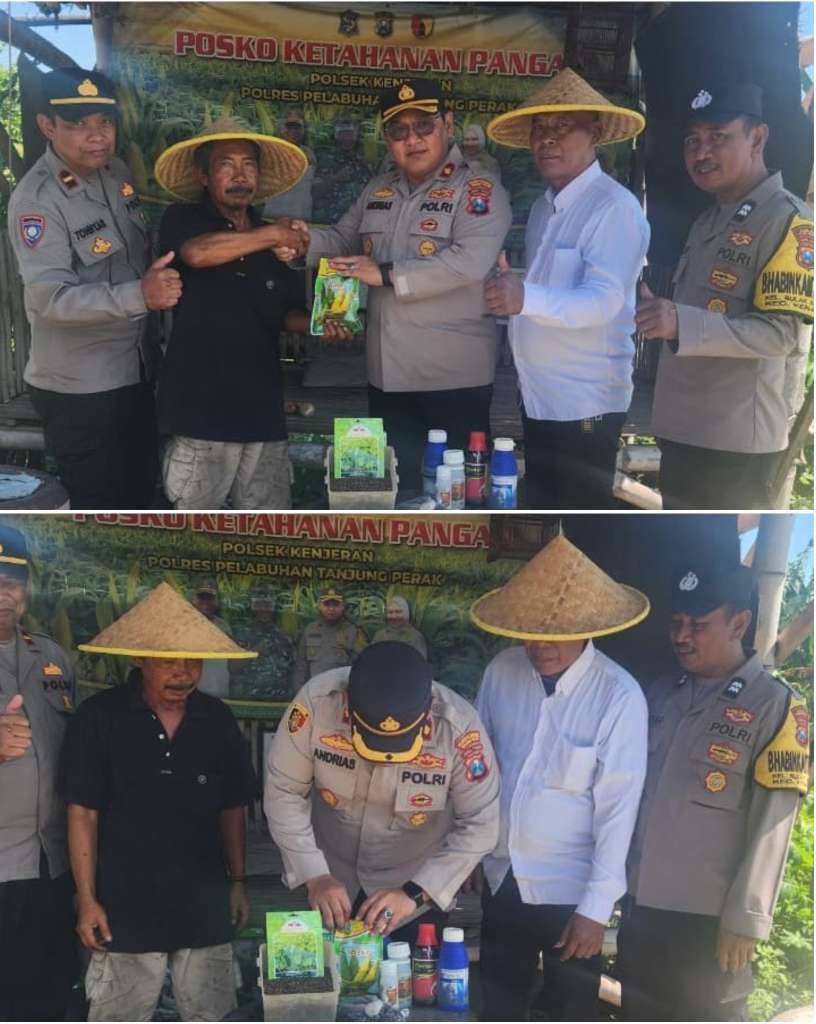 Foto: Kapolsek Kenjeran menyerahkan bantuan bibit, pupuk, dan obat pertanian kepada Poktan Nandur Makmur di Tambak Wedi Surabaya untuk mendukung ketahanan pangan nasional