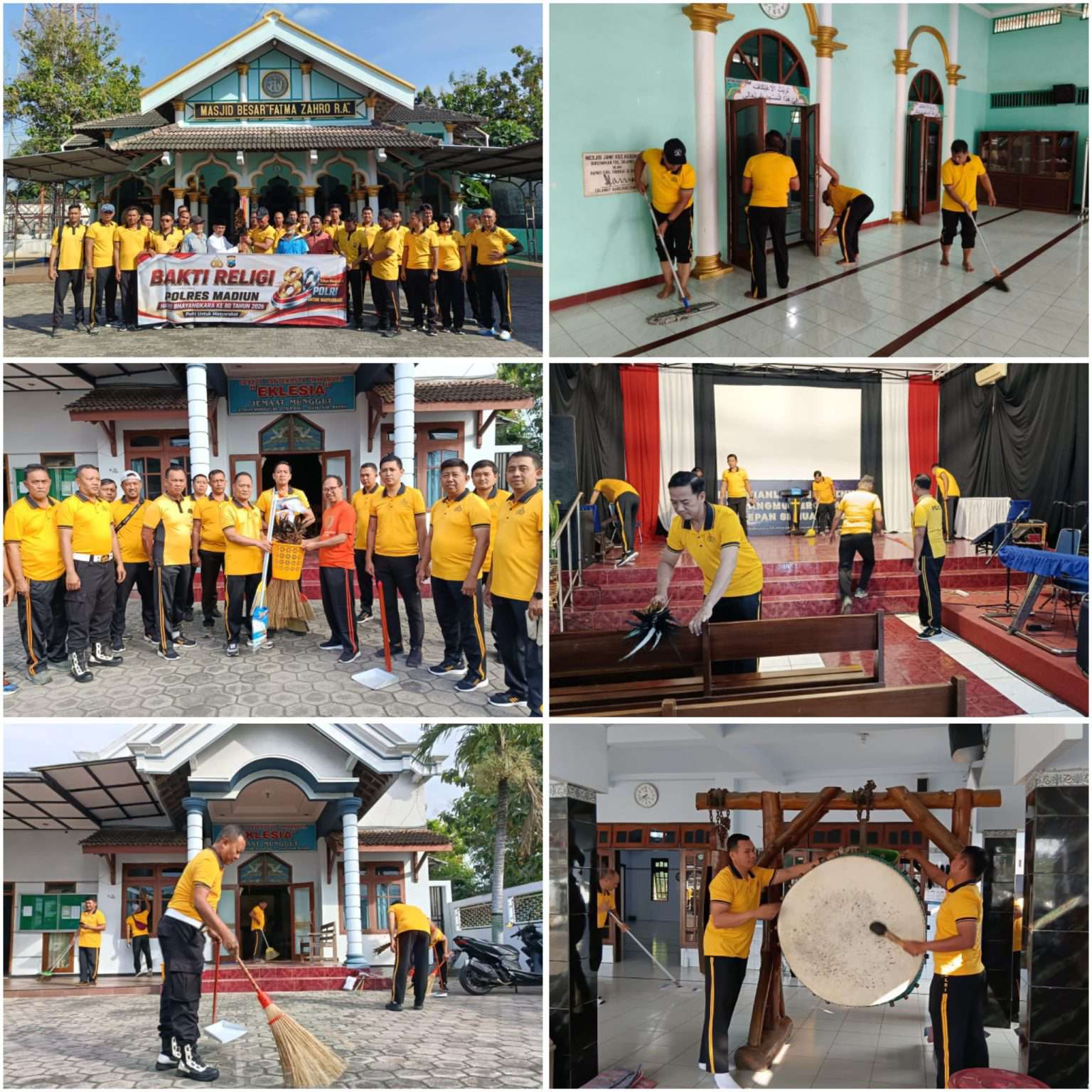 Foto: Personel Polres Madiun bersama polsek jajaran melaksanakan Bakti Religi dengan membersihkan tempat ibadah lintas agama dalam rangka menyambut Hari Bhayangkara ke-80 Tahun 2026 di Kabupaten Madiun.