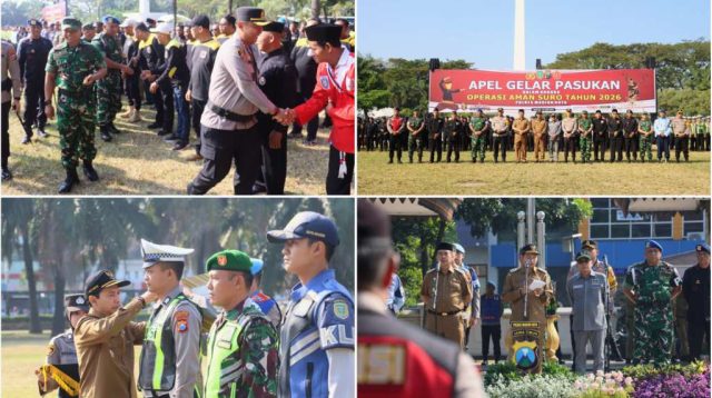 Foto: Kapolres Madiun Kota AKBP Wiwin Junianto memimpin Apel Gelar Pasukan Operasi Aman Suro 2026 di Alun-Alun Kota Madiun dengan melibatkan 983 personel gabungan TNI, Polri, dan instansi terkait.