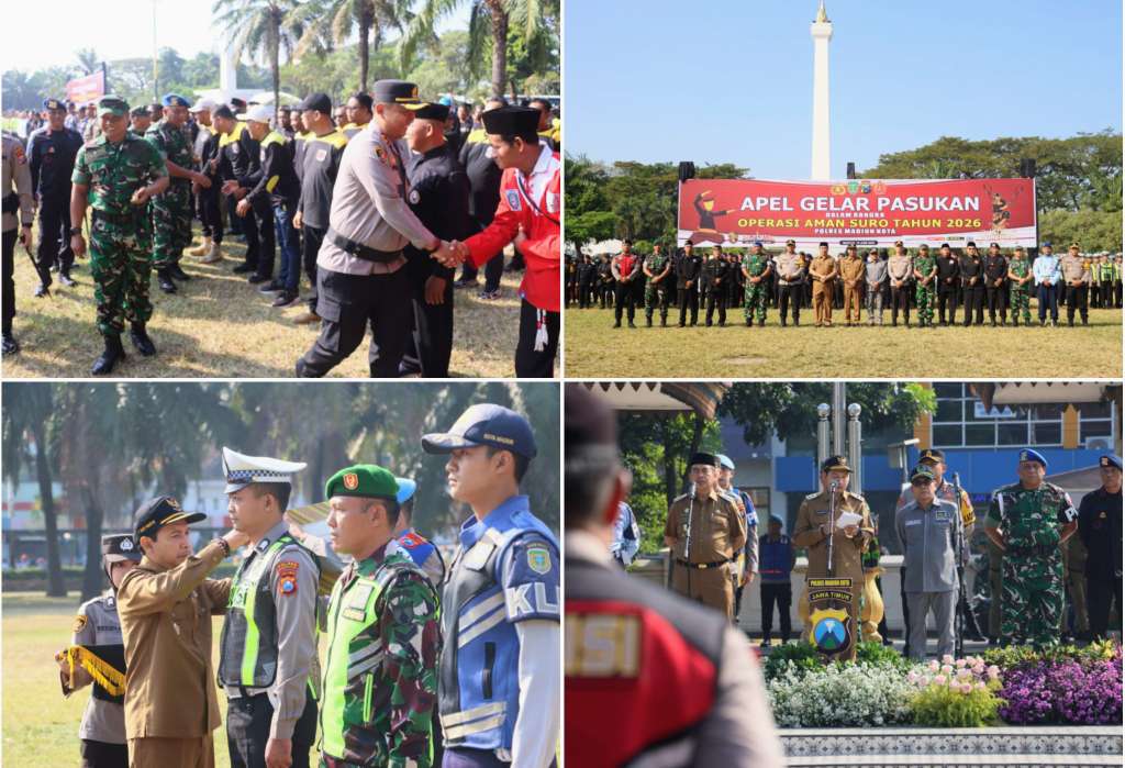 Foto: Kapolres Madiun Kota AKBP Wiwin Junianto memimpin Apel Gelar Pasukan Operasi Aman Suro 2026 di Alun-Alun Kota Madiun dengan melibatkan 983 personel gabungan TNI, Polri, dan instansi terkait.