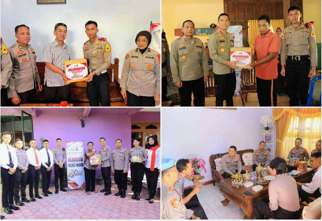 Foto: Kapolres Madiun AKBP Kemas Indra Natanegara saat memberikan santunan dan paket sembako kepada anggota Polri yang sakit serta purnawirawan dalam kegiatan anjangsana Hari Bhayangkara ke-80 Tahun 2026.