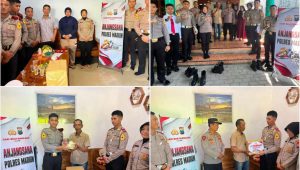 Foto: Kapolres Madiun AKBP Kemas Indra Natanegara saat memberikan santunan dan paket sembako kepada anggota Polri yang sakit serta purnawirawan dalam kegiatan anjangsana Hari Bhayangkara ke-80 Tahun 2026.