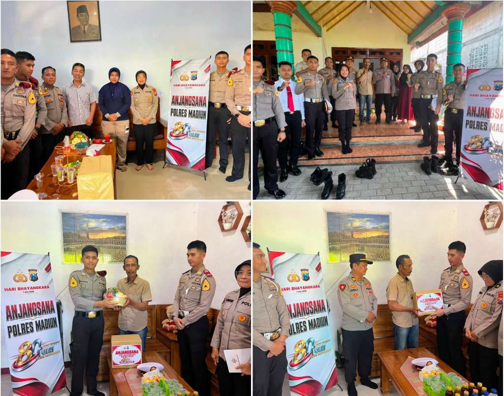 Foto: Kapolres Madiun AKBP Kemas Indra Natanegara saat memberikan santunan dan paket sembako kepada anggota Polri yang sakit serta purnawirawan dalam kegiatan anjangsana Hari Bhayangkara ke-80 Tahun 2026.