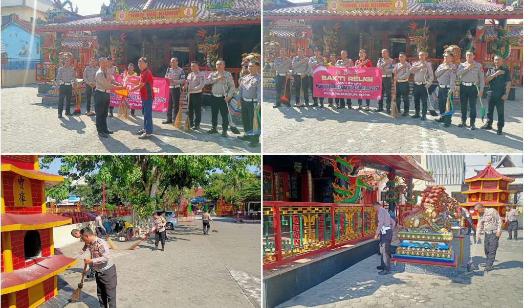 Foto: Personel Satlantas Polres Madiun Kota melaksanakan kegiatan Bakti Religi dengan membersihkan Klenteng Hwie Ing Kiong dan Gereja Pantekosta Hermon dalam rangka Hari Bhayangkara ke-80 Tahun 2026.