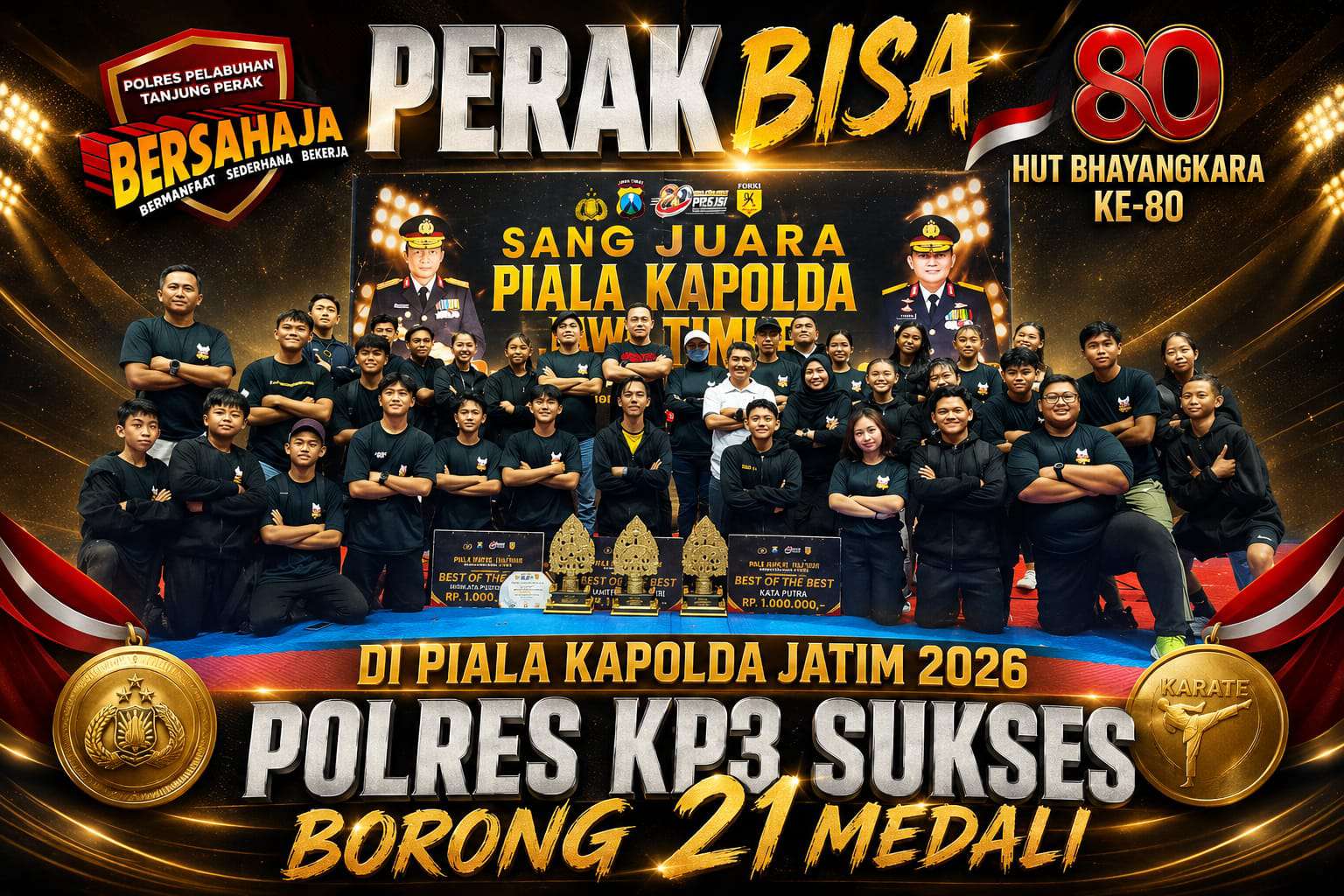 Foto: Kontingen karate binaan Polres Pelabuhan Tanjung Perak menunjukkan medali hasil perolehan pada Kejuaraan Karate Kapolda Jatim Cup 2026.
