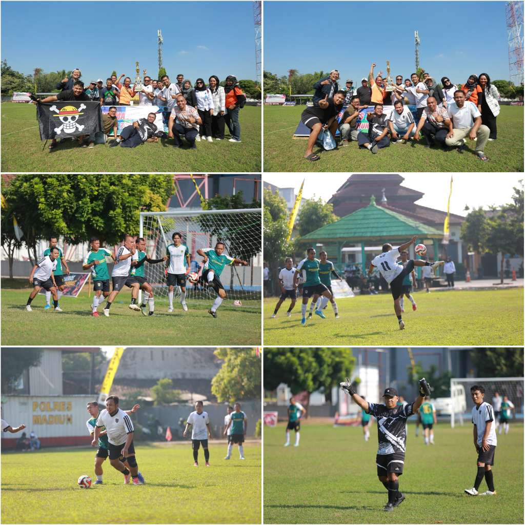 Foto: Pemain Sparta Pena FC berusaha merebut bola saat menghadapi Dikbud Kabupaten Madiun pada laga perebutan juara tiga Kapolres Madiun Cup 2026 U-40 di Lapangan Tri Brata Polres Madiun.