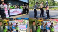 Foto: Personel Satlantas Polres Madiun Kota menyerahkan bantuan sosial kepada pengemudi ojek online dan warga lansia dalam kegiatan bakti sosial di Kota Madiun.