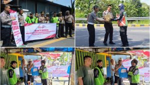 Foto: Personel Satlantas Polres Madiun Kota menyerahkan bantuan sosial kepada pengemudi ojek online dan warga lansia dalam kegiatan bakti sosial di Kota Madiun.