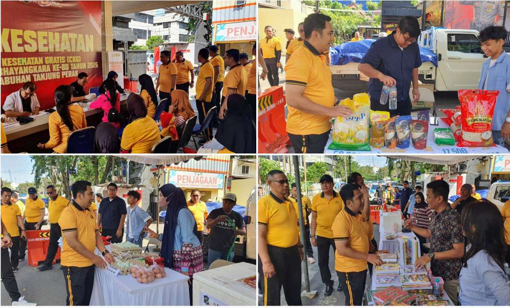 Foto: Kapolres Pelabuhan Tanjung Perak AKBP Wahyu Hidayat meninjau kegiatan bakti kesehatan gratis dan bazar murah dalam rangka peringatan Hari Bhayangkara ke-80 Tahun 2026.