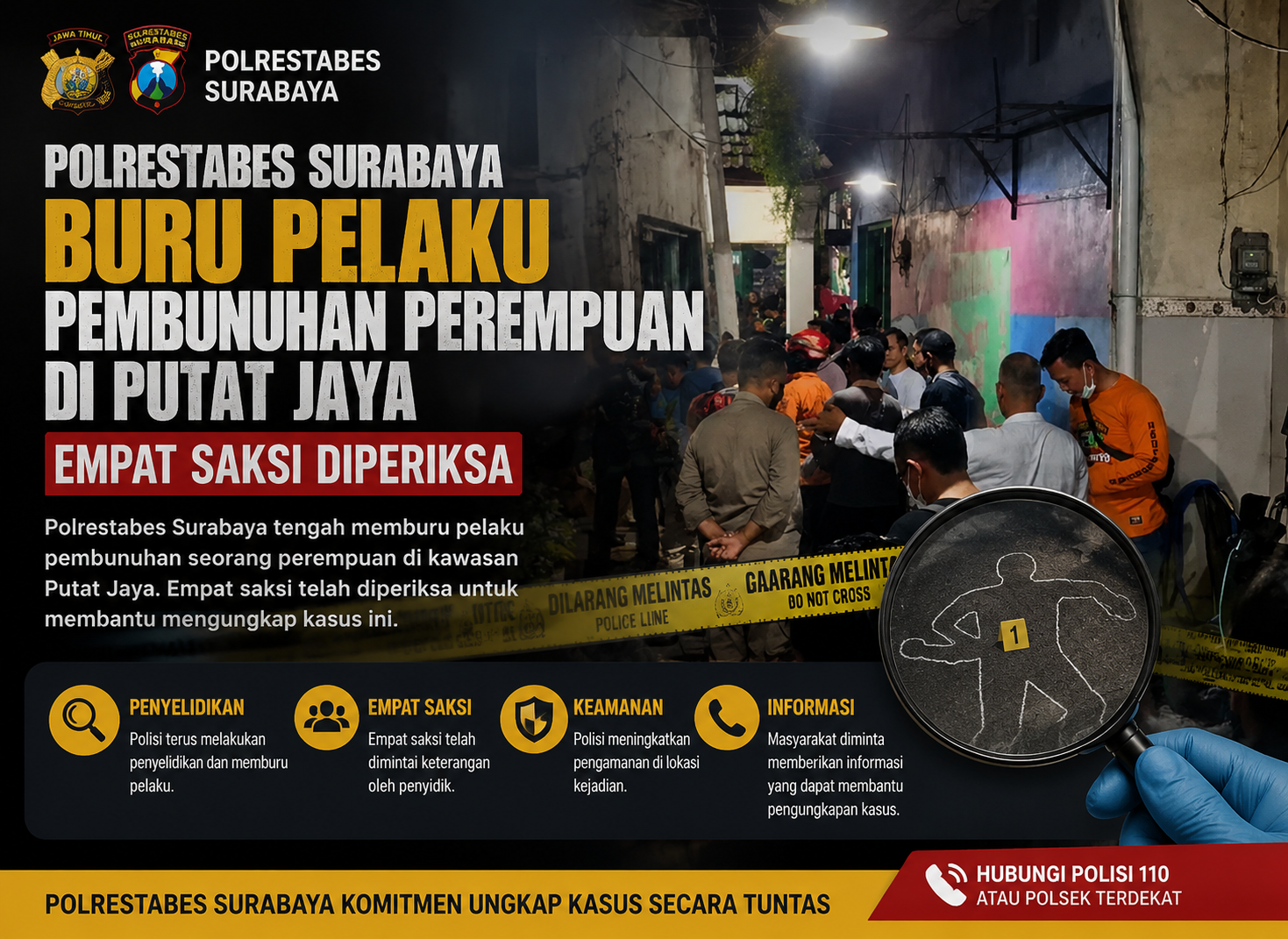 Foto: Satreskrim Polrestabes Surabaya melakukan penyelidikan kasus dugaan pembunuhan seorang perempuan di rumah kontrakan kawasan Putat Jaya, Sawahan, Surabaya.