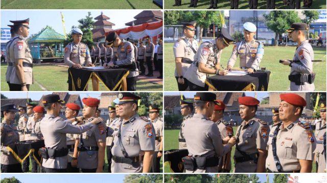 Foto: Kapolres Madiun AKBP Kemas Indra Natanegara memimpin upacara serah terima jabatan delapan Pejabat Utama dan Kapolsek jajaran di Lapangan Tri Brata Polres Madiun.