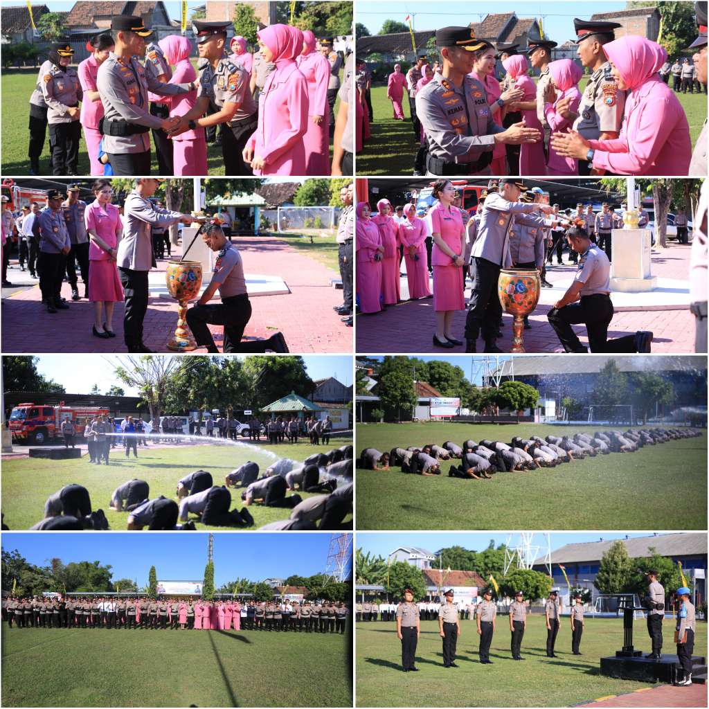 Foto: Kapolres Madiun memimpin upacara kenaikan pangkat 77 personel Polres Madiun periode 1 Juli 2026 di Lapangan Tribrata Polres Madiun.