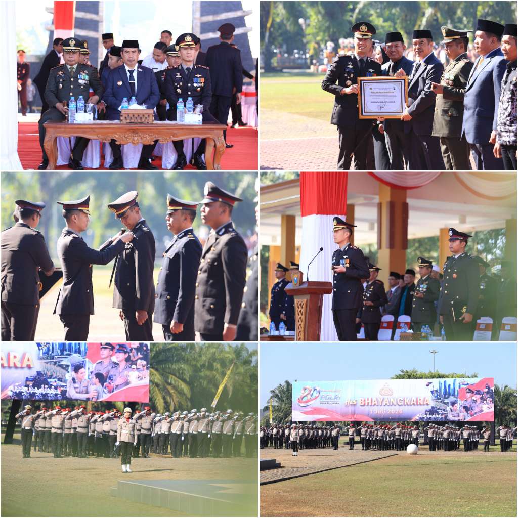 Foto: Kapolres Madiun AKBP Kemas Indra Natanegara menyerahkan piagam penghargaan pada peringatan Hari Bhayangkara ke-80 di Alun-Alun Reksogati Caruban.
