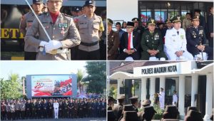 Foto: Kapolres Madiun Kota AKBP Wiwin Junianto memimpin peringatan HUT Bhayangkara ke-80 di Mako Polres Madiun Kota bersama jajaran dan Forkopimda.