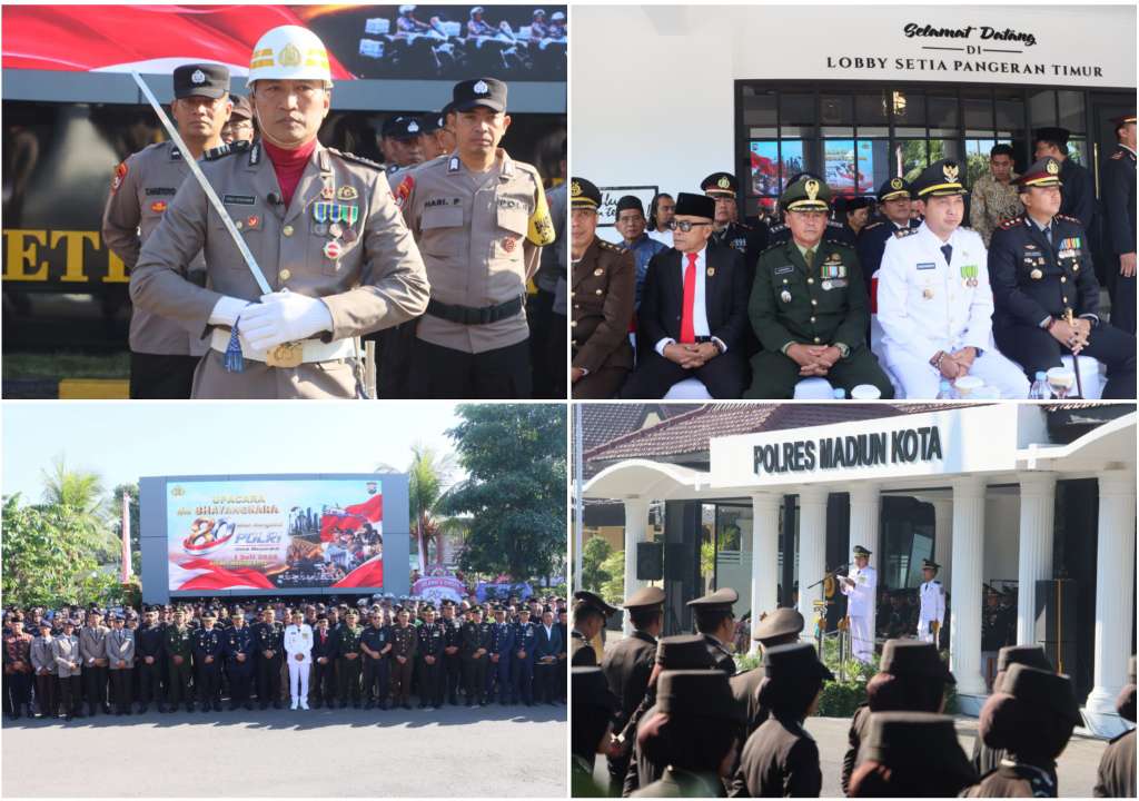 Foto: Kapolres Madiun Kota AKBP Wiwin Junianto memimpin peringatan HUT Bhayangkara ke-80 di Mako Polres Madiun Kota bersama jajaran dan Forkopimda.