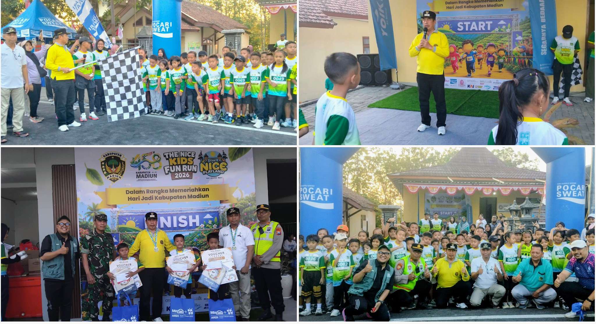 Foto: Bupati Madiun Hari Wuryanto melepas 85 peserta The Nice Kids Fun Run 2026 di depan Balai Desa Bongsopotro, Kecamatan Saradan, Kabupaten Madiun.