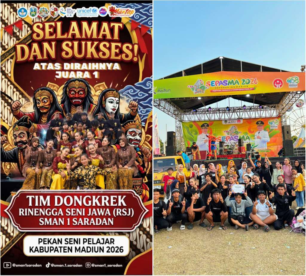 Foto: Tim Rinengga Seni Jawa SMAN 1 Saradan meraih Juara I Lomba Dongkrek pada Pekan Seni Pelajar Kabupaten Madiun 2026 dengan karya bertajuk KARMA