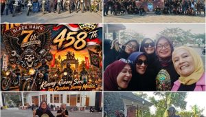 Foto: Peserta Mini Touring "Klinong-Klinong" bersama komunitas motor klasik Black Hawk dan awak media saat memeriahkan Hari Jadi ke-458 Kabupaten Madiun di Caruban.