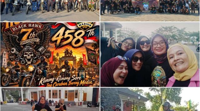 Foto: Peserta Mini Touring "Klinong-Klinong" bersama komunitas motor klasik Black Hawk dan awak media saat memeriahkan Hari Jadi ke-458 Kabupaten Madiun di Caruban.