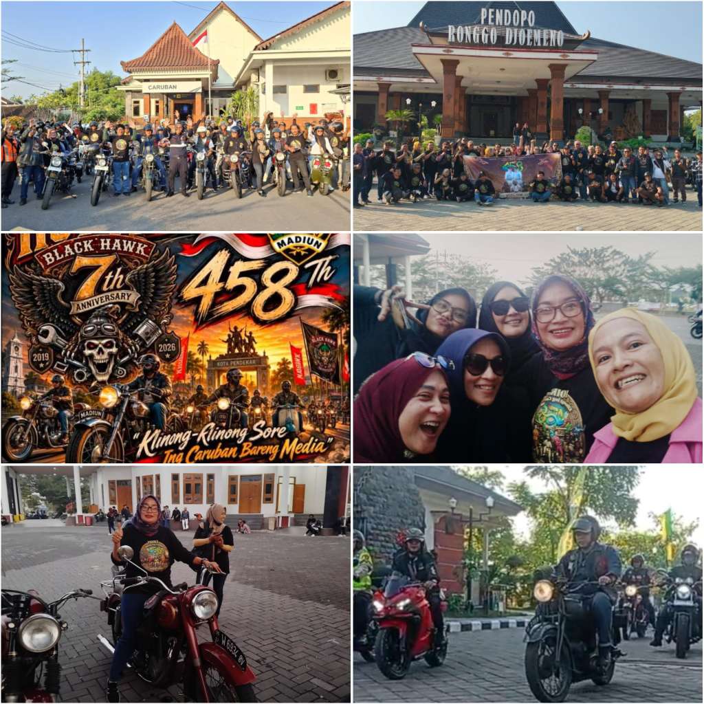 Foto: Peserta Mini Touring "Klinong-Klinong" bersama komunitas motor klasik Black Hawk dan awak media saat memeriahkan Hari Jadi ke-458 Kabupaten Madiun di Caruban.