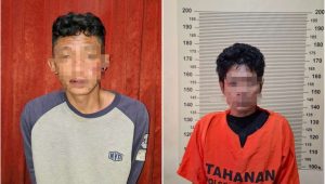 Foto: Polsek Rungkut menunjukkan dua pelaku curanmor beserta barang bukti sepeda motor hasil curian dan kunci T di Surabaya.