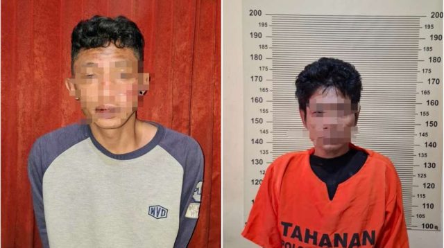 Foto: Polsek Rungkut menunjukkan dua pelaku curanmor beserta barang bukti sepeda motor hasil curian dan kunci T di Surabaya.