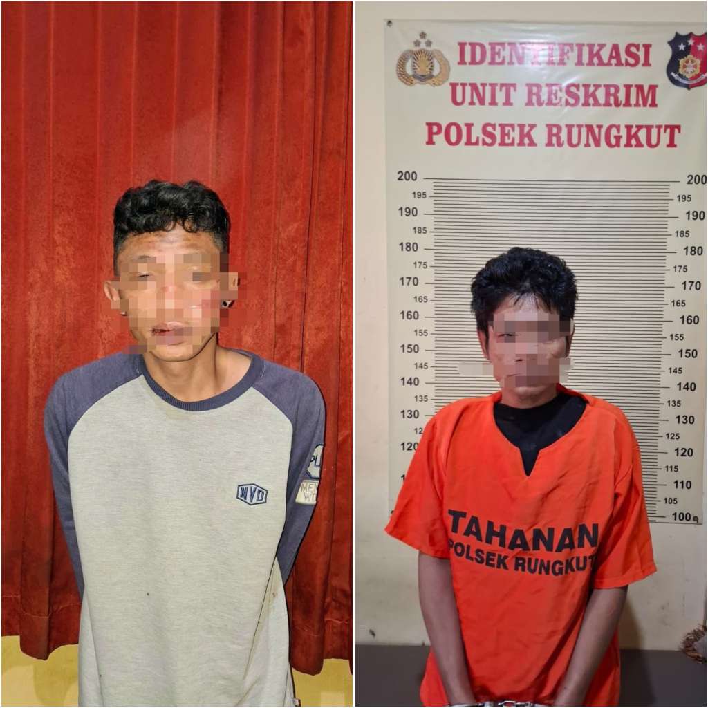 Foto: Polsek Rungkut menunjukkan dua pelaku curanmor beserta barang bukti sepeda motor hasil curian dan kunci T di Surabaya.