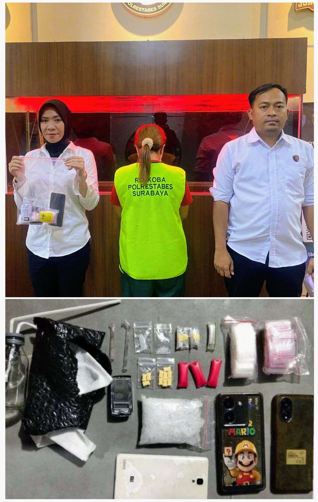 Foto: Petugas Satresnarkoba Polrestabes Surabaya menunjukkan barang bukti sabu dan pil ekstasi hasil penangkapan residivis narkoba asal Banyu Urip Surabaya.