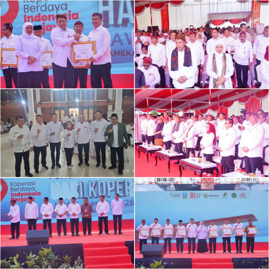 Foto: Bupati Madiun Hari Wuryanto menerima penghargaan Pembina Koperasi Andalan Jawa Timur 2026 dari Menteri Koperasi RI pada peringatan Hari Koperasi ke-79 di Pamekasan, Jawa Timur