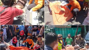 Foto: Petugas gabungan melakukan penanganan korban kecelakaan sepeda motor dan truk tangki di Jalan Sidotopo Lor, Surabaya.
