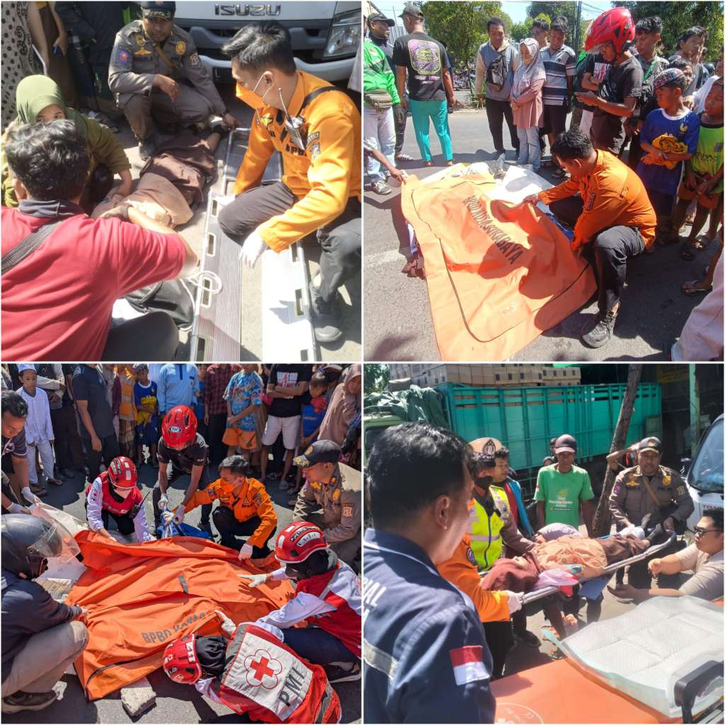 Foto: Petugas gabungan melakukan penanganan korban kecelakaan sepeda motor dan truk tangki di Jalan Sidotopo Lor, Surabaya.