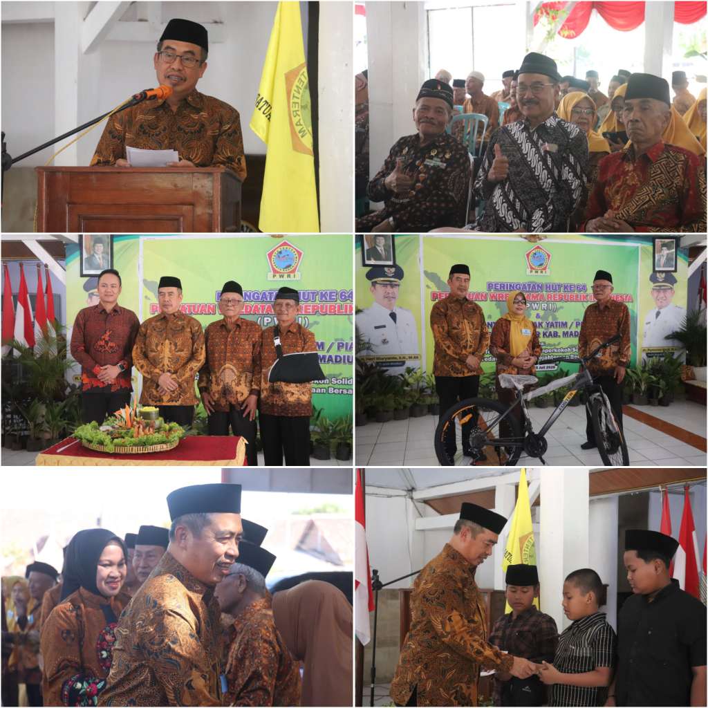 Foto: Bupati Madiun Hari Wuryanto bersama Ketua TP PKK menghadiri peringatan HUT ke-64 PWRI Kecamatan Geger sekaligus menyerahkan santunan kepada 105 anak yatim piatu di Pendopo Kecamatan Geger.