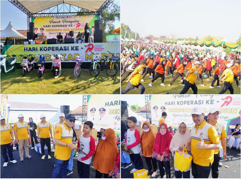 Foto: Bupati Madiun Hari Wuryanto bersama jajaran pemerintah menghadiri Puncak Peringatan Hari Koperasi ke-79 Kabupaten Madiun di Lapangan Desa Teguhan yang dimeriahkan jalan santai dan bazar UMKM.