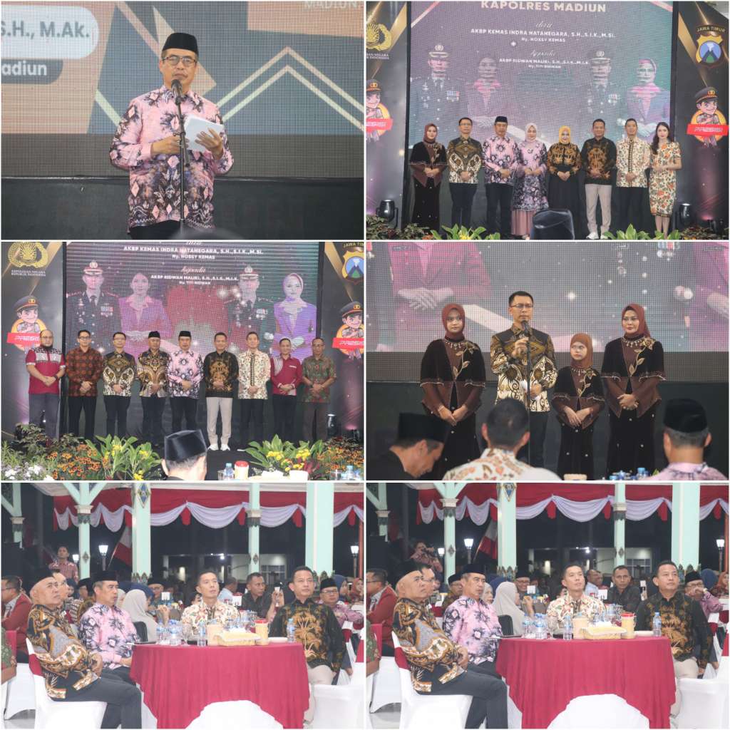 Foto: Bupati Madiun Hari Wuryanto bersama AKBP Anton Indra Wetanagara dan AKBP Ridwan Maliki dalam acara kenal pamit Kapolres Madiun di Pendopo Muda Graha Kabupaten Madiun