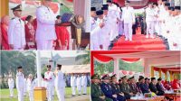 Foto: Bupati Madiun Hari Wuryanto memimpin upacara HUT ke-81 Kemerdekaan RI di Alun-Alun Reksogati Caruban.