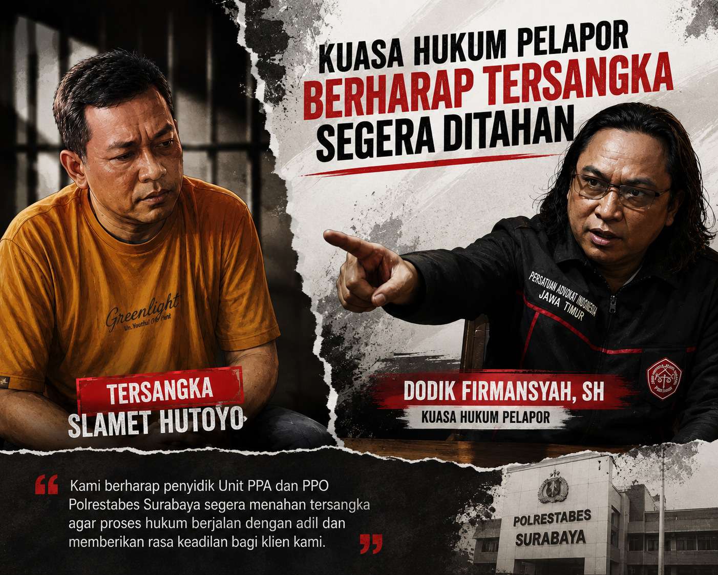 Foto: Kuasa hukum korban meminta Polrestabes Surabaya segera menuntaskan kasus dugaan kekerasan terhadap anak yang melibatkan oknum anggota Polri.