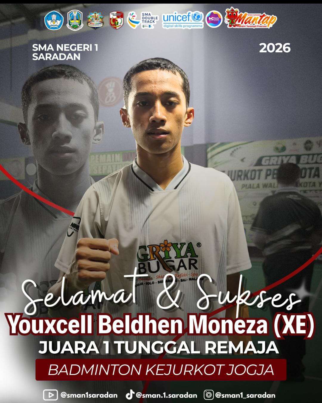 foto: Youxcell Beldhen Moneza siswa SMAN 1 Saradan juara 1 Tunggal Remaja Kejurkot PBSI Kota Yogyakarta 2026